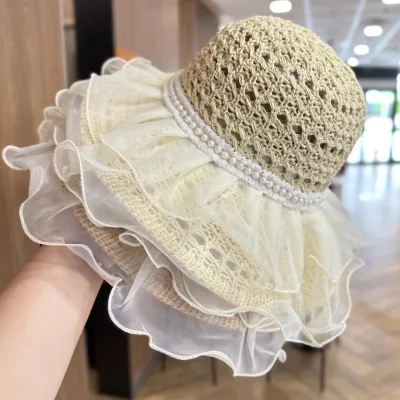 New Spring and Summer Straw Hat with Pearl Decorative Sun Protection Cap for Beach and Sandbar Use