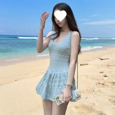 Womens Ruffle Mini Dress Sleeveless a Line Fit and Flare Square Neck Crochet Knit Tank