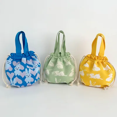 Landfond Ladies Drawstring Fashionable Handbag Woven Beach Bucket Bag Two Knitted Animal Panda Flower Polyester Summer