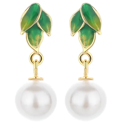 925 Sterling Silver Gold Plated 10mm Freshwater Green Leaf Pearl Stud Earrings Trendy Korean Fashion Elegant REACH Certified
