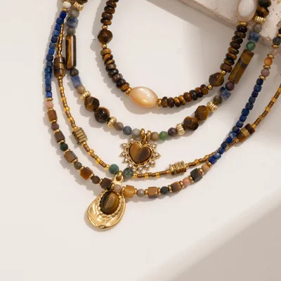 Stainless Steel Beaded Necklace with Tiger Eye Heart Pendant & Micro Pave Zirconia Vintage Elegant Jewelry for Women