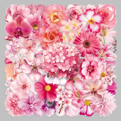 50Pcs Factory Custom PET Transparent Stickers Gathering Pink Among Blooms Beautiful Fresh Natural Style DIY Decals for Camera