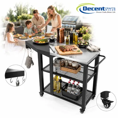 Outdoor Rolling Worktop with Stainless Steel Surface Extension Shelf and Locking Wheels Serving BBQ Grill Cart
