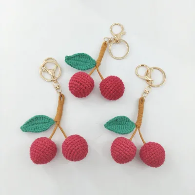 Crochet Keychain Handmade Crocheted Knit Knitting Yarn Fruit Green Leaf Cherry Keychain for Bag Purse Charms Cherry Accessories