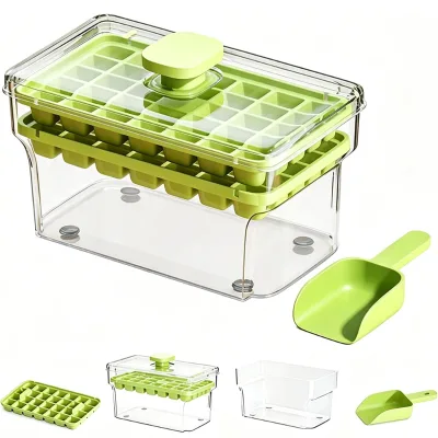 Double Layer Press Ice Cube Tray 68 Grids One-Touch Release with Storage Bin Time Tracker and Ice Scoop PP Freezer Mold
