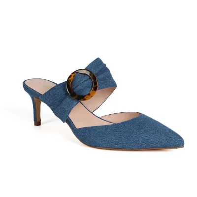 New Fashion High Quality Custom Size PU Slide Pumps Light Summer High Heel Sexy Mule Denim Outdoor Fashionable Pointed Heel
