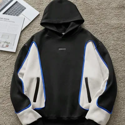 Men's Casual Long-Sleeve Knitted Hooded Sports Sweatshirt Patchwork Design Oversized Fit Fashionable Daily Wear Autumn Hoodie