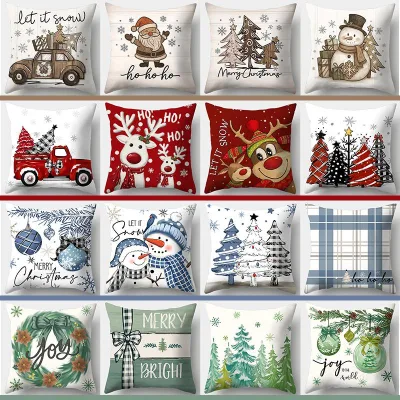 4pcs Christmas Cushion Cover Reindeer Snowman Santa Printed Pillowcase Suitable for Sofa Bed Decor