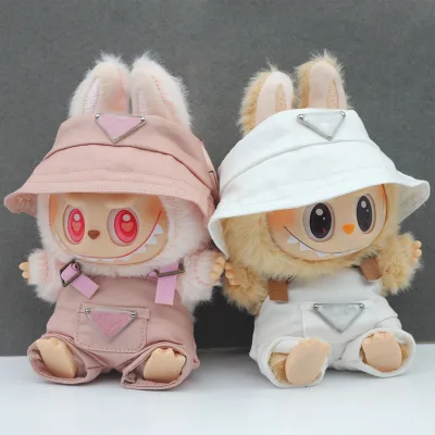 Labubu 17cm Plush Doll Clothes Accessories Labubu Fisherman Hat Bib Pants Clothes Fashion Dolls Clothes Pants and Bucket Hat