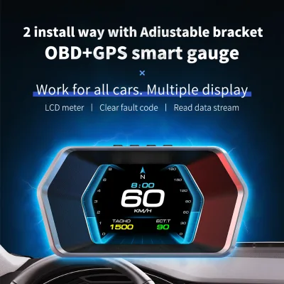 P17 Universal OBD2 GPS Smart Car Gauge LCD HUD Speedometer Bracket Dual Installation Read Data Stream Clear Fault Code