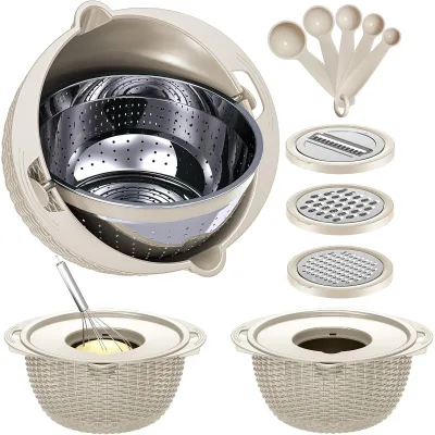 4-1 Stainless Steel Colander with Bowl Set Measuring Spoons & Fruit Strainer Eco-Friendly Kitchen Tool with Rotatable Design