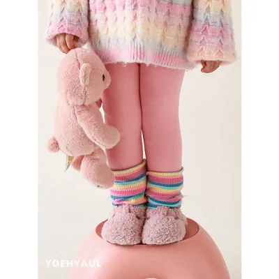 YOEHYAUL Girls' Velvet and Thickened Rainbow Striped Leggings Cute Soft Comfortable and Versatile Stretch Pants for Winter
