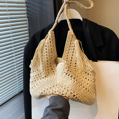 Fashion Women's Large Cotton Solid Color Vacation Beach Weave Bucket Open Straw Bag