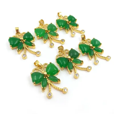 2025 Latest Design Natural Stone Green Jade 18k Gold Plated Charms Green Crystal Quartz Jade butterfly Pendant Paved Rhinestone