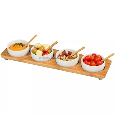 OEM Bamboo Ceramic 9 piece snack serving set with bowls Picnic Bamboo Entertaining Set 4 Ceramic Bowls in Line