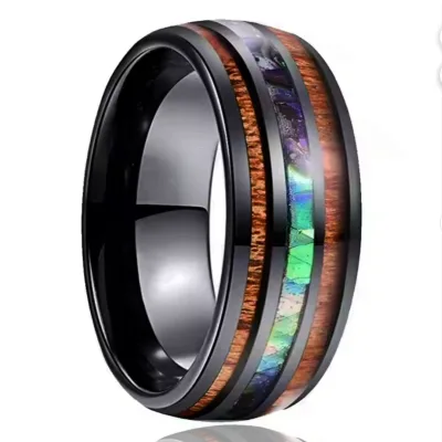 8mm PVD Black Tungsten Ring Inlaid with Natural Sea Shells and Hawaiian Wood High-Purity Handcrafted Men's High-end Ring