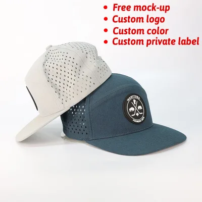 Fashion Quick Dry Fit Perforated Nylon Waterproof Golf 6 Panel Flat Brim Snapback Baseball Caps with Custom Silicone Patch
