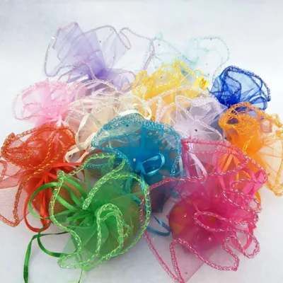 26Cm Diameter Christmas Wedding Party Favor Gift Packaging Bags Jewelry Candy Drawstring Sheer Organza Hot Stamped Custom Logo