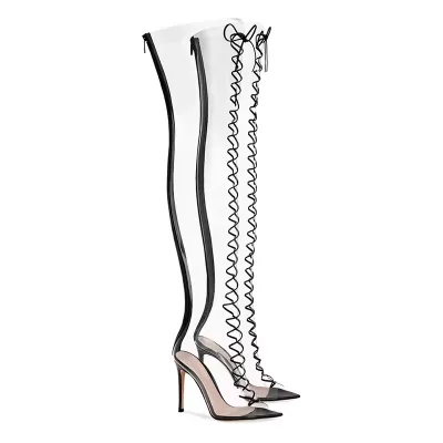 Lace up Peep Toe High Heel Transparent Shoes 2024 Women Thigh High Boots