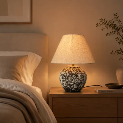 Wabi Sabi Speckled Ceramic Table Lamp with Linen Fabric Shade Vintage Decor Bedside Desk Lamp for Home Hotel