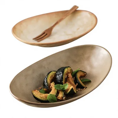Japanese-style Vintage Ceramic Microwave Safe Solid Pattern Dinner Plate Household Oval Bowl Fish Platter Salad Dish Plate Plate