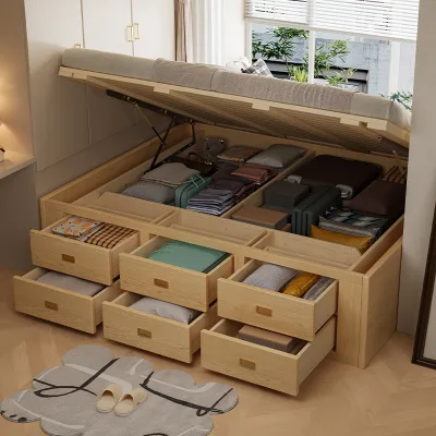 Wholesale Minimalist Storage Solid Wood Bed With Drawer Led Bedside Lamp Charging Socket Bedroom Furniture