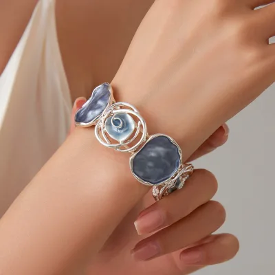 Cross Border Popular Drip Glazed Rose Elastic Bracelet Geometric Fashion Hollow Out Flower Handmade Bracelet Women