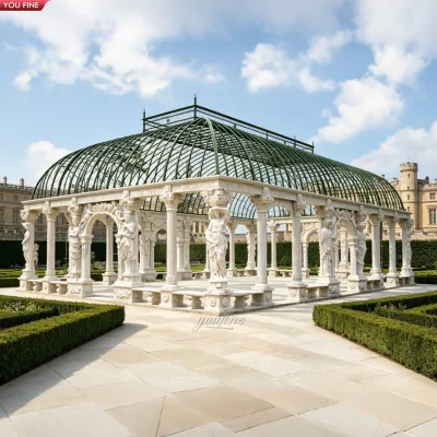 YOUFINE Large European White Marble Round Gazebo With Corinthian Columns Railing for Manor Courtyard Garden Landscape