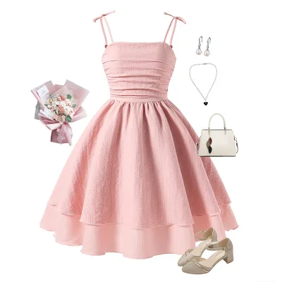 Hot Spring & Summer Girls' Strap Princess Dress Pink Ruffled Party Dress with Layered Skirt Flower Girl Birthday Wedding Attire