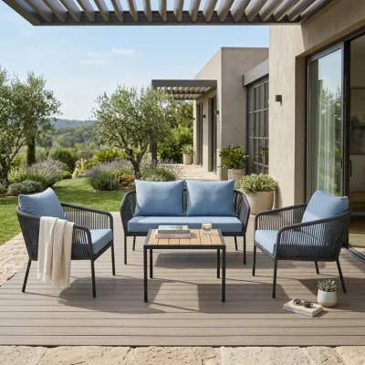 BSCI Certificated Guangdong Factory Rope Patio Conversation Set with Wood-Look Slat Coffee Table