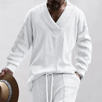 Jacquard Textured Knit V Neck Pullover Relaxed Fit Casual Fall Long Sleeve Men's Knit Sweater