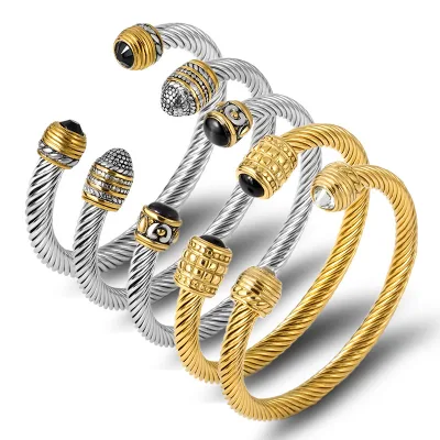 Vajra Titanium Steel Twisted Wire Gold Bracelet, Stainless Steel Wire Rope Bracelet, Cable Cuff Bracelet, Multi-color Bracelet