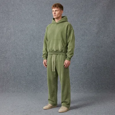 Luxury Heavyweight Acid Wash Knitted Print Vintage Mens Boxy Hoodie Distressed Sweatpants Set Hip Hop Winter Tracksuit