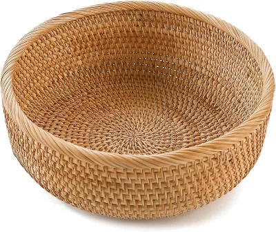 Handmade Rattan Bread Baskets Round Storage Bowls, Natural Woven Decorative Kitchen Counter Organizing (Honey Brown)