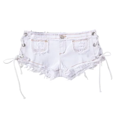 Side Hollowed-Out Lace-Up Denim Fringe Ultra-Short Skinny Pants Women's Summer Tight Low-Waist