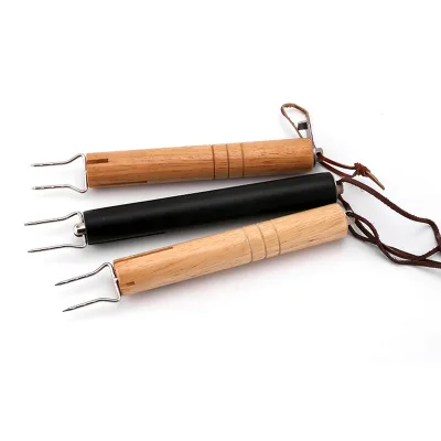 Customizable Stainless Steel Retractable Barbecue Fork with Wooden Handle Metal Material