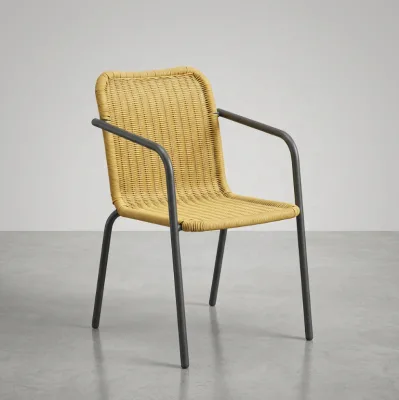 Minimalist Outdoor Armchair with Breathable Yellow Rattan Seat & Back