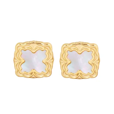 Retro Fashion Elegant Square Shell Inlaid Stainless Steel Earrings Light Luxury Gold Plated Stainless Steel Earrings