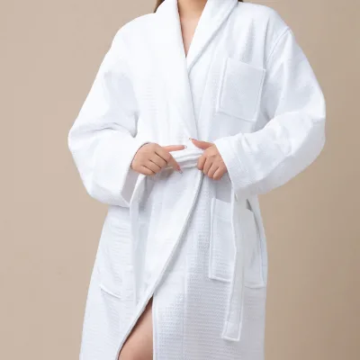 Personalized White Hotel Bath Robe 100% Cotton Bathrobe Slippers Set Unisex Bathrobe With Custom Logo