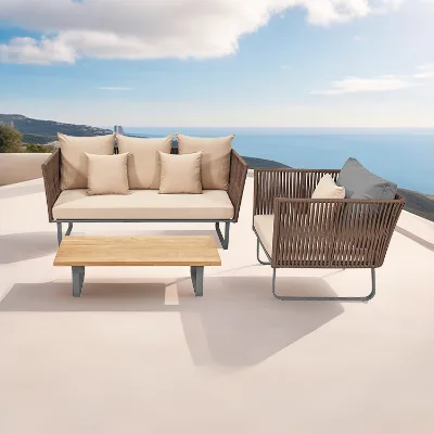 Stylish Brown Lawn Woven Backyard Furniture Waterproof Cushions All-weather Webbing Outdoor Sofa Set