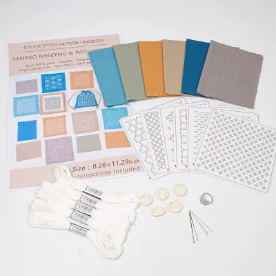 Sashiko Kit for Beginners, Water-Soluble Sashiko Thread and Needles Set, Sashiko Stencil Kit, Embroidery Transfer Templates