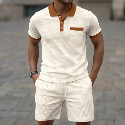 Men's Waffle Knit Two Piece Set Contrast Collar Polo Shirt & Drawstring Shorts Casual Summer Tracksuit