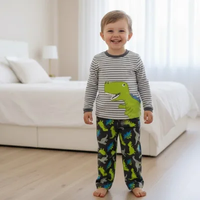 Custom Printed Baby Pyjamas 2PC Set Cartoon Dinosaur Design Spring Breathable Fabric Adjustable Size Private Label Bulk Order