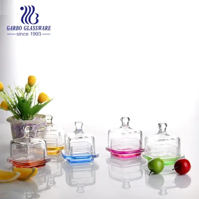 Fancy square Shape Candy Jar with Customized Color Bottom Home Table Server Glass Butter Dish Cookie Dessert Serving Jar