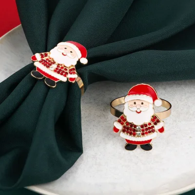 Cross-border New Product Christmas Zinc Alloy Napkin Rings Cartoon Cute Oil-Drop Rhinestone Santa Claus Table Decorations