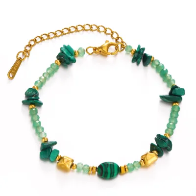Vintage Handmade Malachite Stone Hamsa Hand Stainless Steel  Charm Adjustable Bracelet for Women