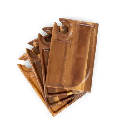 Customized Acacia Wood Rectangle Wine Appetizer Plates Set Cocktail Plate with Glass Holder for Party