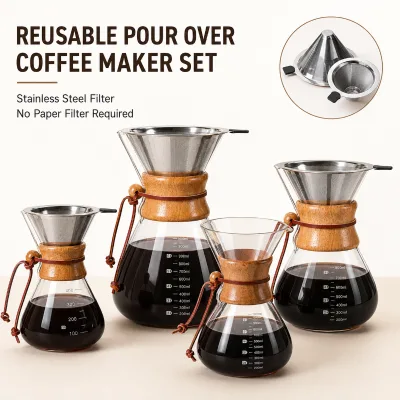 400ml 600ml 800ml 1000ml Borosilicate Glass Pour Over Coffee Maker Set with Reusable Stainless Steel Filter