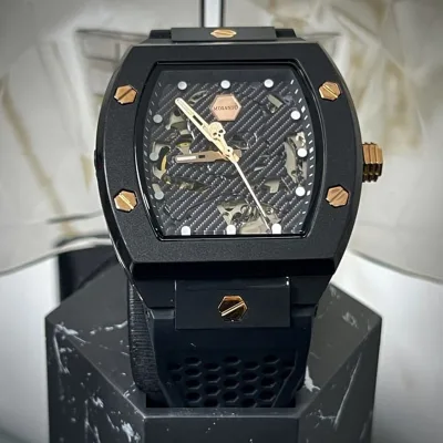 Men's Fashionable Hollowed-out Square Ceramic Case Silicone Band Sapphire Crystal Waterproof 50M Transparent Mechanical Pointer