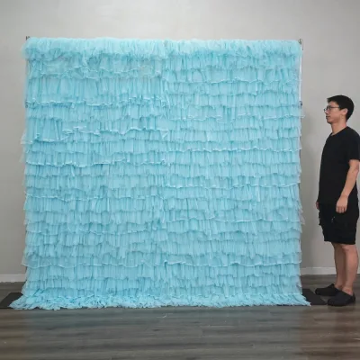 DKB New Handmade Blue Purple Mesh Yarn Wrinkled Texture Cloth Wall Decoration 8*8ft Wavy Shaped Design Party Wall Decoration